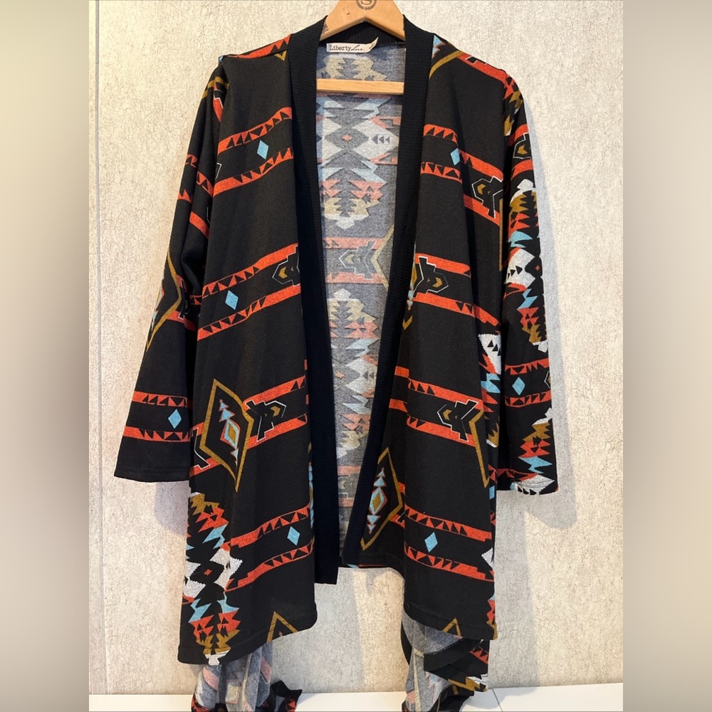 Aztec Cardigan Western Bohemian Black Orange Blue Large Sweater Wrap Ladies L